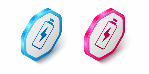 Isometric Battery charge level indicator icon isolated on white background. Hexagon button. Vector