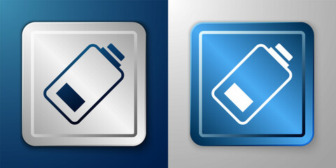White Battery charge level indicator icon isolated on blue and grey background. Silver and blue square button. Vector