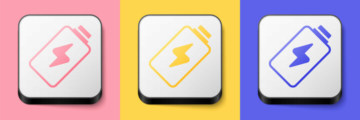 Isometric Battery charge level indicator icon isolated on pink, yellow and blue background. Square button. Vector
