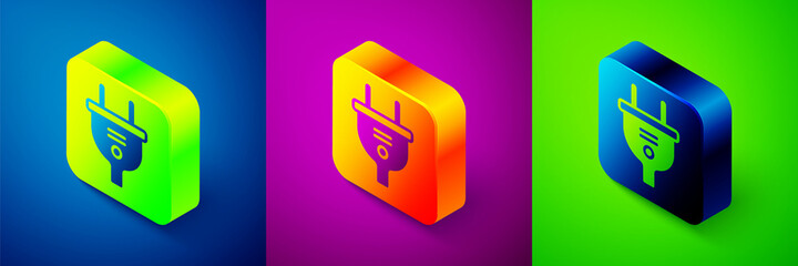 Isometric Electric plug icon isolated on blue, purple and green background. Concept of connection and disconnection of the electricity. Square button. Vector