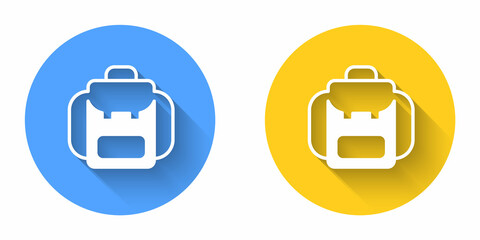 White Hiking backpack icon isolated with long shadow background. Camping and mountain exploring backpack. Circle button. Vector