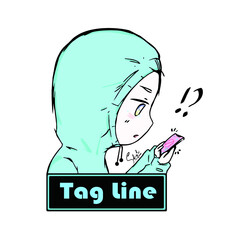 Cute and funny cartoon logo. Playing handphone.