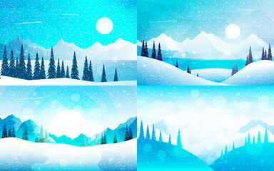 Winter landscapes set. Cold season. Snowy mountains. Snowfall. Frozen nature. Winter adventure. Minimalist graphic flyers. Polygonal flat design for coupons, vouchers, gift cards. Set illustrations