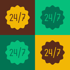 Pop art Clock 24 hours icon isolated on color background. All day cyclic icon. 24 hours service symbol. Vector