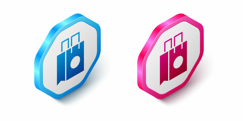 Isometric Paper shopping bag icon isolated on white background. Package sign. Hexagon button. Vector