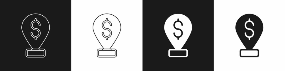 Set Cash location pin icon isolated on black and white background. Pointer and dollar symbol. Money location. Business and investment concept. Vector