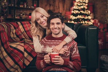 Photo of charming sweet wife husband dressed print pullovers embracing drinking christmas eggnog smiling indoors room home house