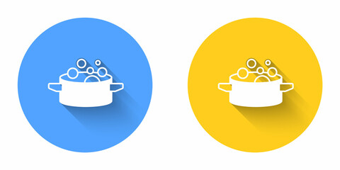 White Cooking pot icon isolated with long shadow background. Boil or stew food symbol. Circle button. Vector