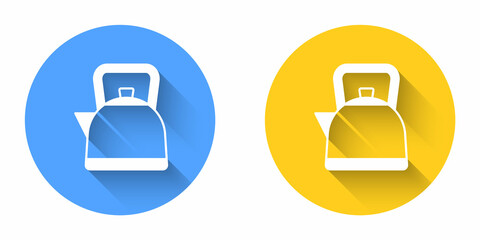 White Kettle with handle icon isolated with long shadow background. Teapot icon. Circle button. Vector