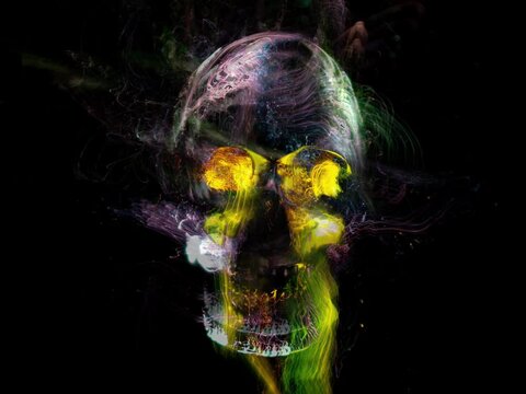 background, light painting , new art direction, long exposure photo without photoshop, light drawing at long exposure ,the skull	
