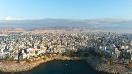 Piraeus city from above, aerial view.