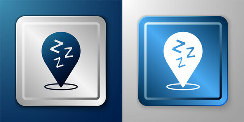 White Sleepy icon isolated on blue and grey background. Sleepy zzz talk bubble. Silver and blue square button. Vector