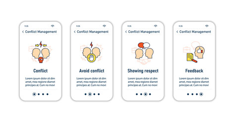 Conflict management onboarding mobile app screens. Resolving conflict between two people steps menu. Set of UI, UX, web template with RGB color linear icons