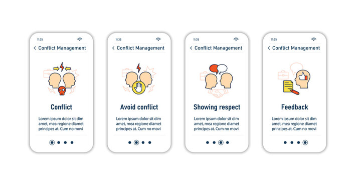 Conflict management onboarding mobile app screens. Resolving conflict between two people steps menu. Set of UI, UX, web template with RGB color linear icons