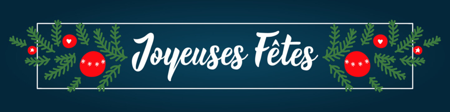 Happy Holidays in French. Ink illustration. Modern brush calligraphy. Christmas banner. Joyeuses Fetes.