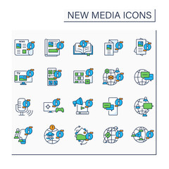 New media color icons set. Transmitting, sharing, reproducing information. Information space concept. Isolated vector illustrations