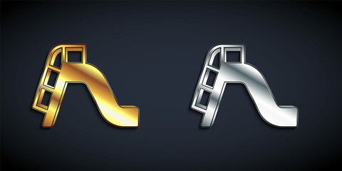 Gold and silver Slide playground icon isolated on black background. Childrens slide. Long shadow style. Vector