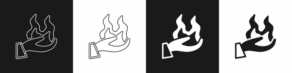 Set Hand holding a fire icon isolated on black and white background. Vector