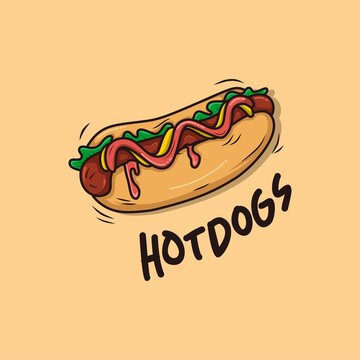 Vector illustration. Hot dog with mustard. Unhealthy food. Sticker in cartoon style with contour. Decoration for greeting cards, patches, prints for clothes, badges, posters, emblems, menus