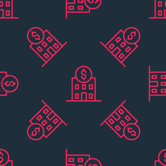 Red line Bank building icon isolated seamless pattern on black background. Vector