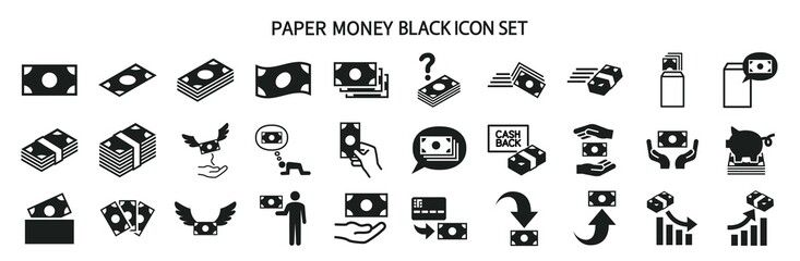 Money related black and white icon set