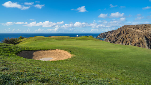 The Iron Corner - holes 13, 14, and 15 on Porto Santo golf course, a tribute to Severiano Ballesteros, Porto Santo island, Portugal