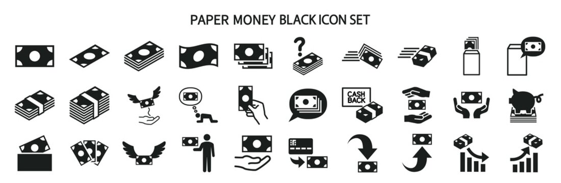 Money related black and white icon set