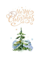 Christmas Decoration Banner - Pine Cones On Fir Branch With Christmas Lights and Lettering Merry Christmas. Watercolor illustraton card, banner