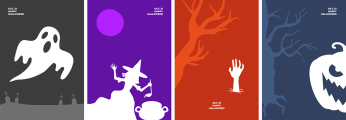 Happy Halloween poster set with holiday symbols. Ghost in cemetery, witch brews magic potion in cauldron, dead man hand on grave, jack-o-lantern pumpkin colorful banners. Celebration eve drawing. Eps