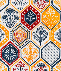 Hexagon tiles seamless pattern. Grunge texture. Ethnic and tribal motifs. Handmade. Patchwork print. Vector illustration. - obrazy, fototapety, plakaty