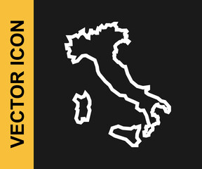 White line Map of Italy icon isolated on black background. Vector
