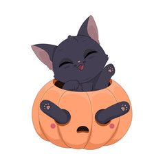 Zabawny czarny kot bawiący się w wydrążonej dyni. Ilustracja na Halloween. Cukierek albo psikus! Uroczy ręcznie rysowany mały kotek. Ilustracja wektorowa.	