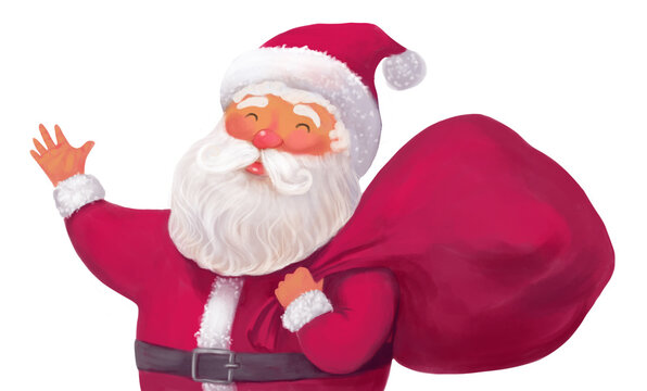cute drawn santa claus on a white background with a bag of gifts. Santa waving and smiling
