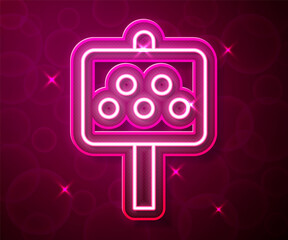 Glowing neon line Road sign for a taxi stand icon isolated on red background. Vector