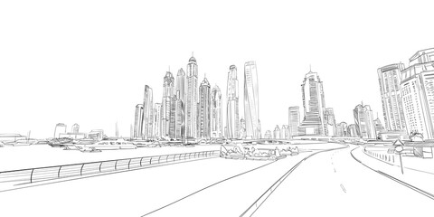 Dubai. United Arab Emirates. City skyscrapers, vector hand drawn illustration 