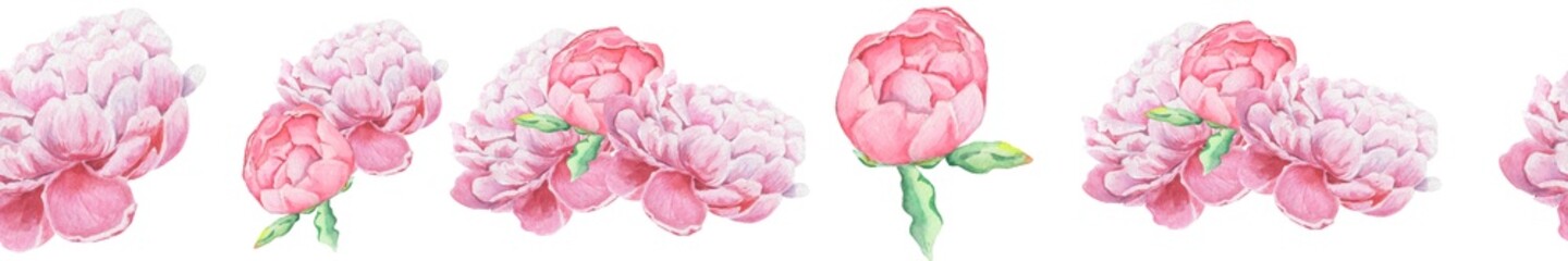 Peonies Watercolor Seamless Border. Floral print. Flower Design for card, weddind, baby girls, flower shops. Botanical Illustration. Spring Border. Peony blossom.