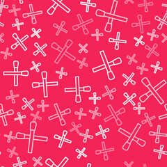 White line Burning match with fire icon isolated seamless pattern on red background. Match with fire. Matches sign. Vector
