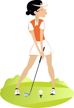 Young golfer woman on the golf course illustration.
Pretty golfer woman with a golf club tries to do a good kick isolated on white
