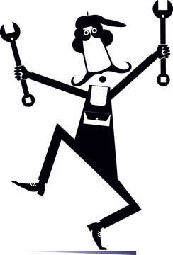 Comic mechanic with two wrenches isolated illustration.
Funny mechanic holding two wrenches black on white
