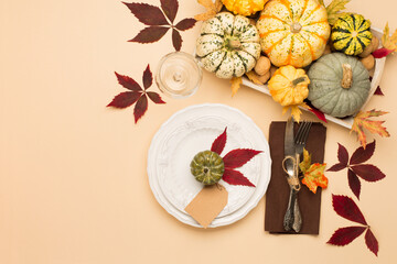 Autumn fall holiday Thanksgiving table place setting.