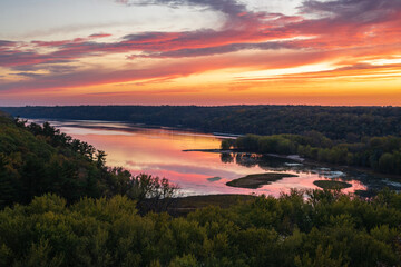 Scenic sunset overlooking the confluence of the Kinnickinnic and St. Croix rivers and delta at...