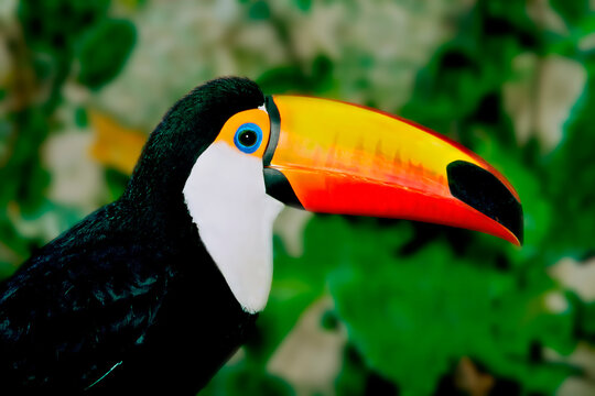 Toucan, oiseau jaune, blanc, noir, rouge et bleu en Amazonie Bolivie