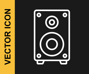 White line Stereo speaker icon isolated on black background. Sound system speakers. Music icon. Musical column speaker bass equipment. Vector
