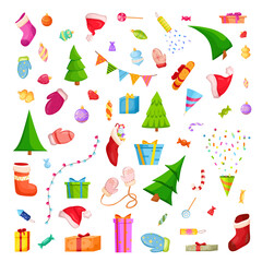 A large Christmas set consisting of a Christmas tree, gifts, decorations and sweets. Vector cartoon illustration.