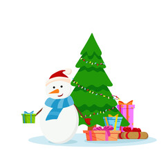 A happy snowman is handing out gifts next to the Christmas tree. Vector cartoon illustration