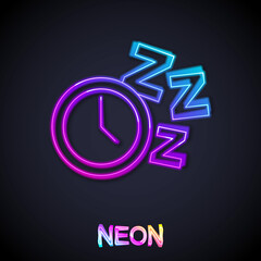 Glowing neon line Alarm clock icon isolated on black background. Wake up, get up concept. Time sign. Vector