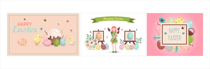 A set of brightly, colorful easter banners with eggs. Vector illustration with a happy Easter wish. Banner for sale. Template for a postcard, invitation, ad or banner. Christian holiday.