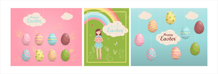 Fototapeta premium A set of brightly, colorful easter banners with eggs. Vector illustration with a happy Easter wish. Banner for sale. Template for a postcard, invitation, ad or banner. Christian holiday.