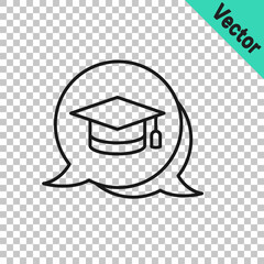 Black line Graduation cap in speech bubble icon isolated on transparent background. Graduation hat with tassel icon. Vector