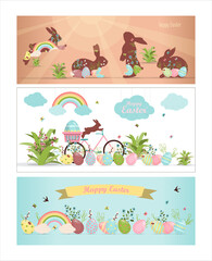 A set of brightly, colorful easter banners with eggs. Vector illustration with a happy Easter wish. Banner for sale. Template for a postcard, invitation, ad or banner. Christian holiday.